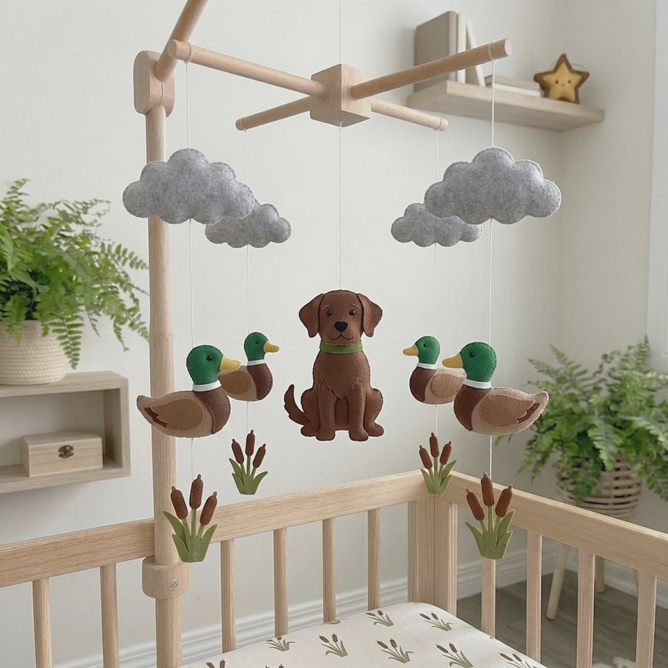 Felt Duck Hunting Baby Mobile, Custom Dog Nursery Crib Decor