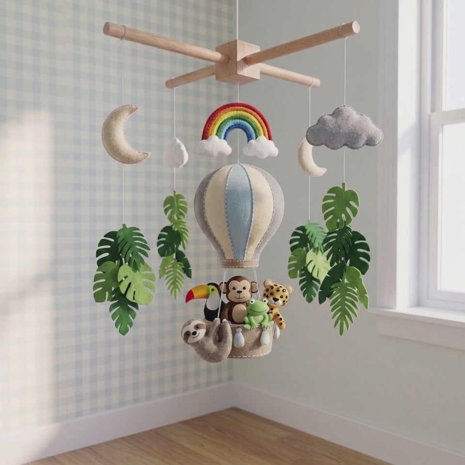 Handmade Felt Jungle Hot Air Balloon Baby Mobile – Tropical Animal Nursery Decor