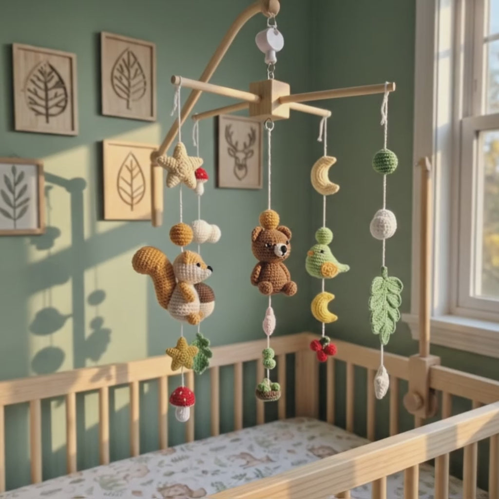 Acorn Grove Crochet Baby Mobile, Handmade Woodland Crib Hanging with Squirrel, Bear, Bird and Forest Leaves