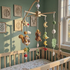 Acorn Grove Crochet Baby Mobile, Handmade Woodland Crib Hanging with Squirrel, Bear, Bird and Forest Leaves