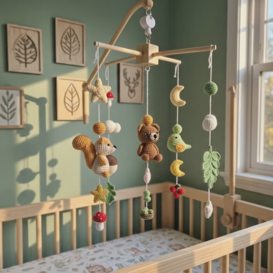 Acorn Grove Crochet Baby Mobile, Handmade Woodland Crib Hanging with Squirrel, Bear, Bird and Forest Leaves