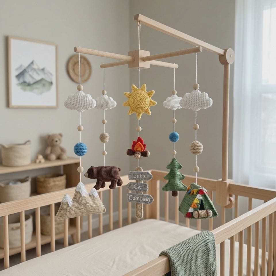 Crochet Camping Baby Mobile, Mountain Crib Mobile