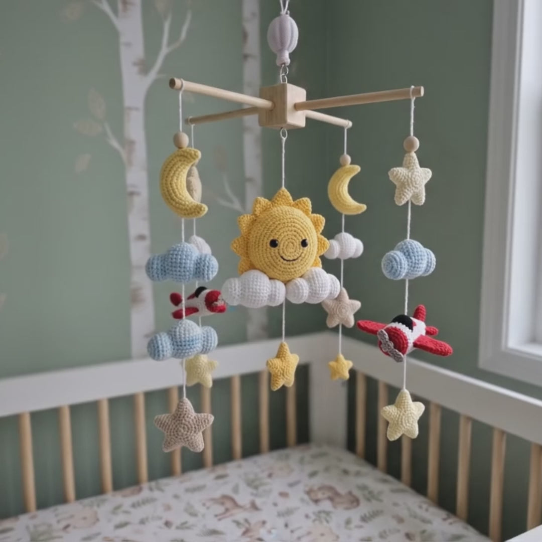Skybound Adventure Crochet Baby Mobile, Handmade Airplane Crib Hanging with Smiling Sun, Moon, Clouds and Stars