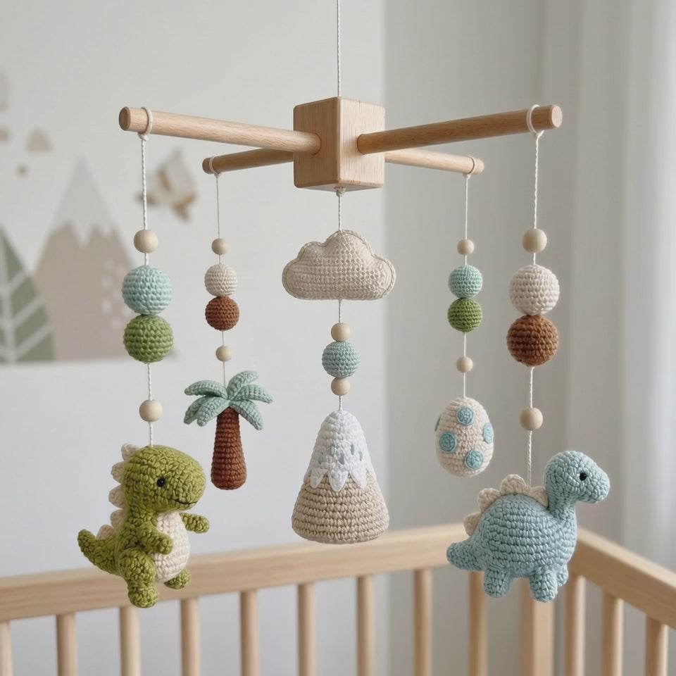 Handmade Crochet Dinosaur Baby Mobile – Prehistoric Nursery Crib Decor