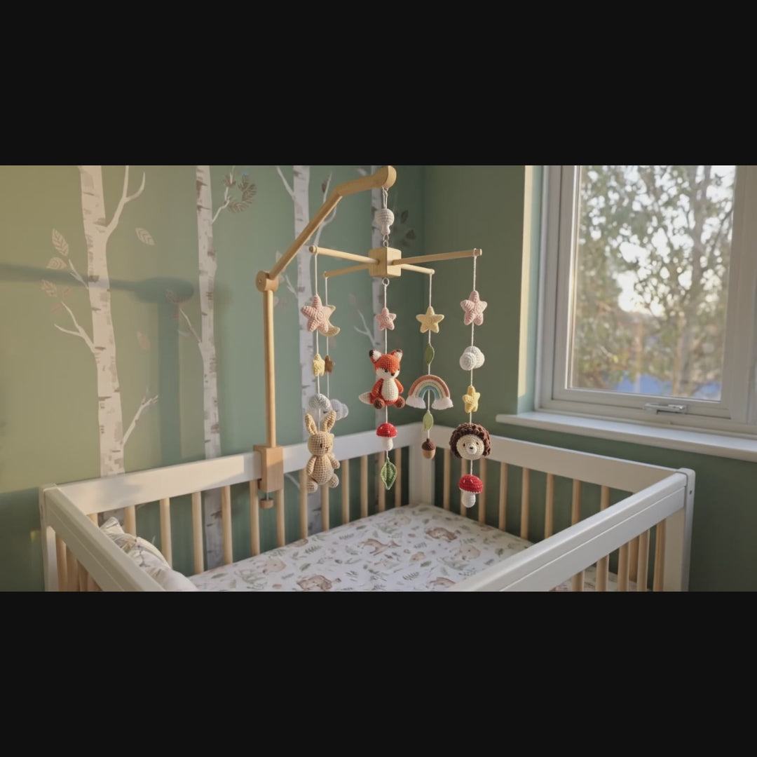 Whimsical Forest Crochet Crib Mobile, Handmade Nursery Hanging with Rainbow, Mushrooms, Moon and Stars