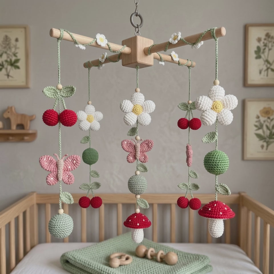 Crochet Garden Baby Mobile, Daisy Cherry Butterfly Mushroom Crib Mobile