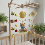 Felt Summer Picnic Baby Mobile, Bear Bunny Bee Lemon Sun Daisy Apple Basket Nursery Crib Decor