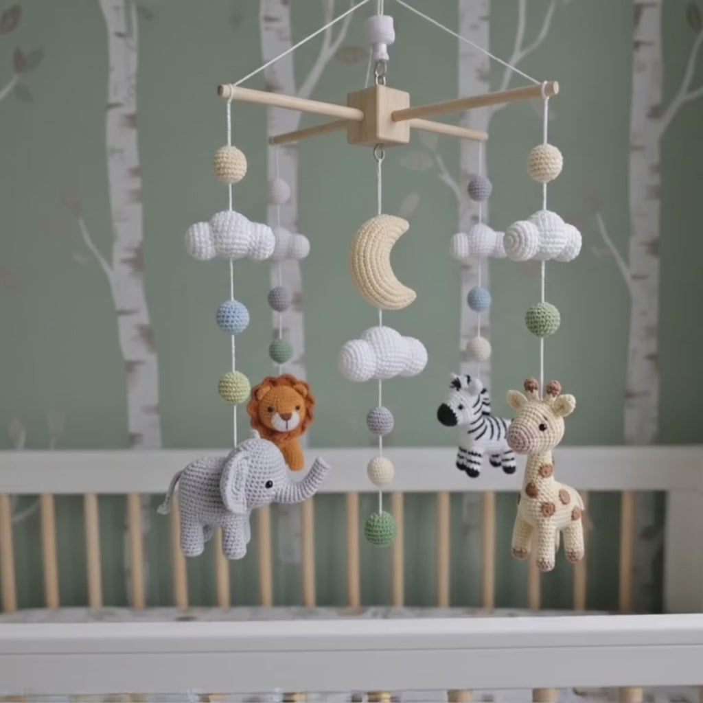 Crochet Safari Baby Mobile, Elephant Lion Zebra Giraffe Crib Decor, Moon Cloud Jungle Nursery, Baby Shower Gift for Boy or Girl Room Decor