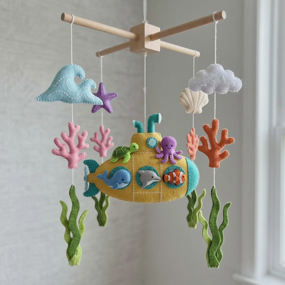 Handmade Felt Yellow Submarine Baby Mobile – Under the Sea Nursery Decor