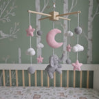 Moonlit Elephant Crochet Baby Mobile, Handmade Pink Celestial Crib Hanging with Stars, Clouds and Moon