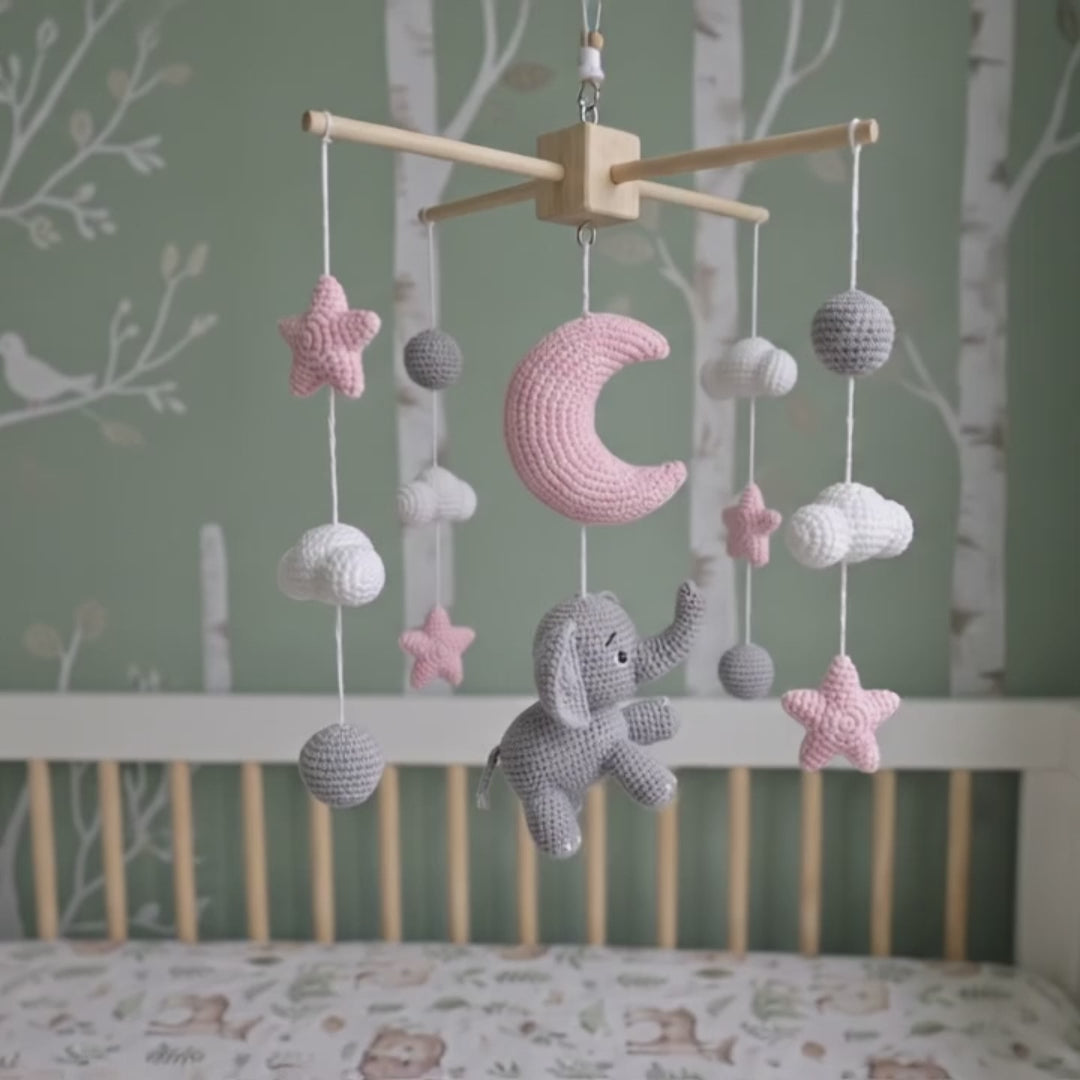 Moonlit Elephant Crochet Baby Mobile, Handmade Pink Celestial Crib Hanging with Stars, Clouds and Moon