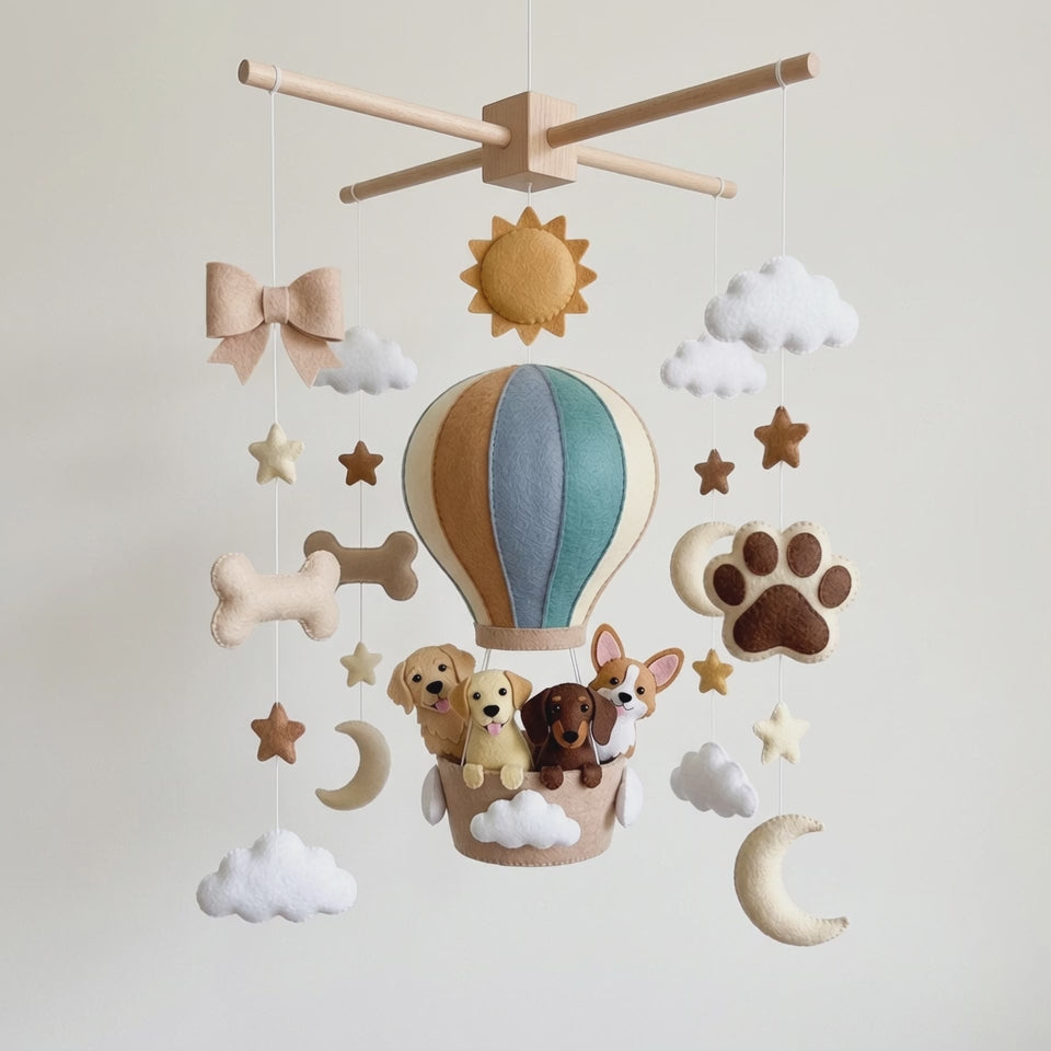 Handmade Felt Dog Hot Air Balloon Baby Mobile – Puppy Nursery Crib Decor