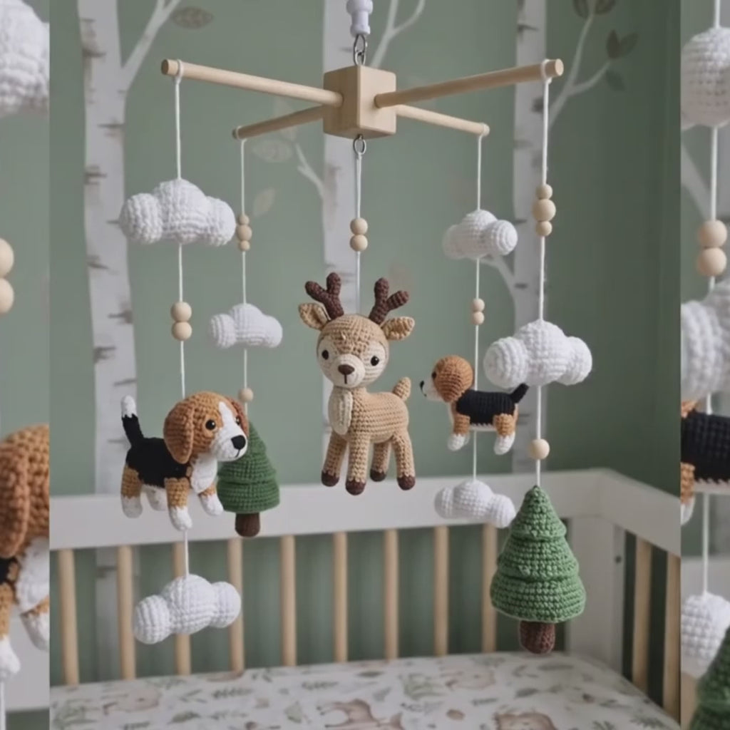 Crochet Woodland Baby Mobile, Deer and Beagle Crib Decor, Pine Tree Cloud Nursery Hanging, Handmade Baby Shower Gift for Boy or Girl