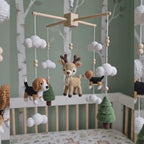 Crochet Woodland Baby Mobile, Deer and Beagle Crib Decor, Pine Tree Cloud Nursery Hanging, Handmade Baby Shower Gift for Boy or Girl