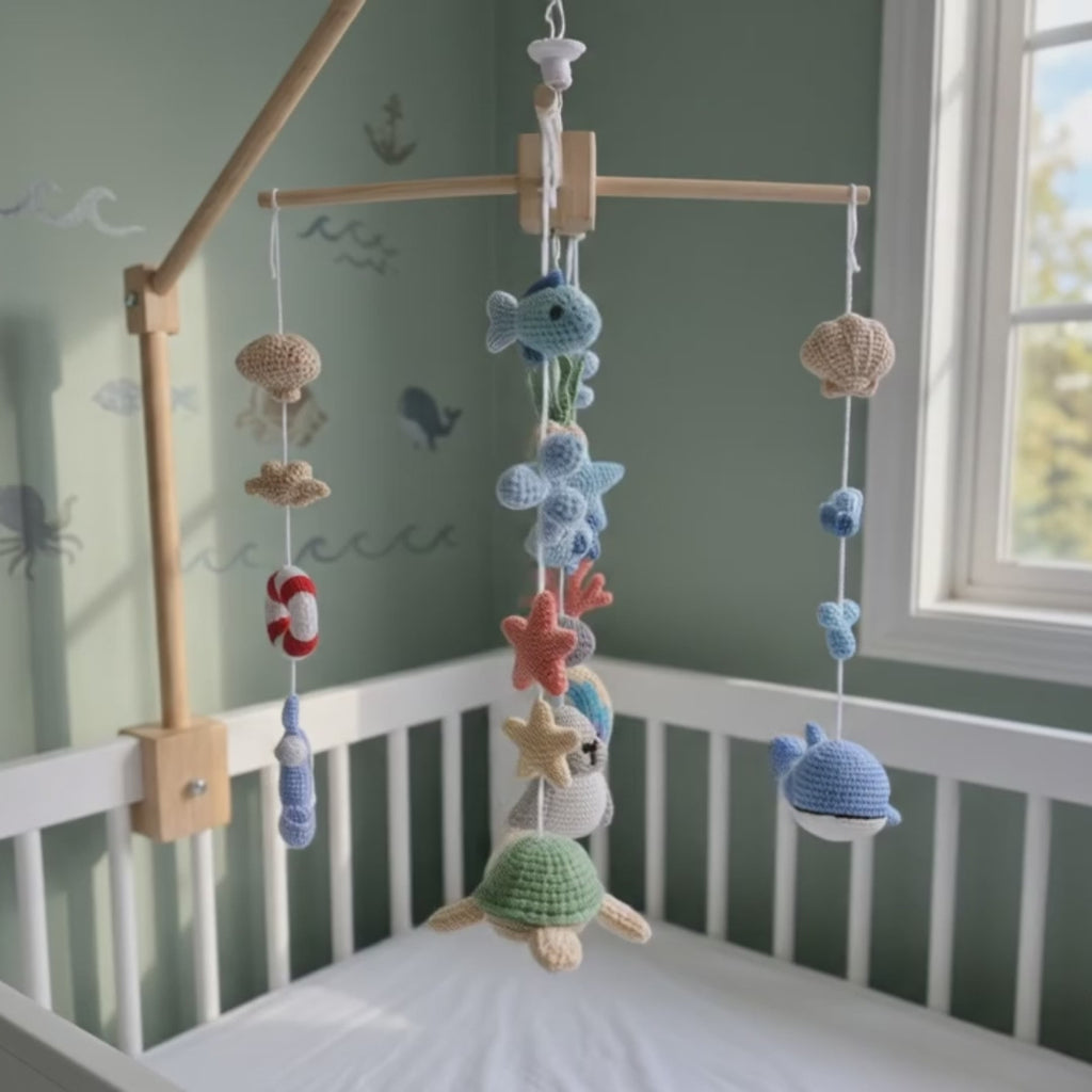 Coastal Discovery Crochet Baby Mobile, Handmade Sea Life Crib Hanging with Whale, Turtle and Seal