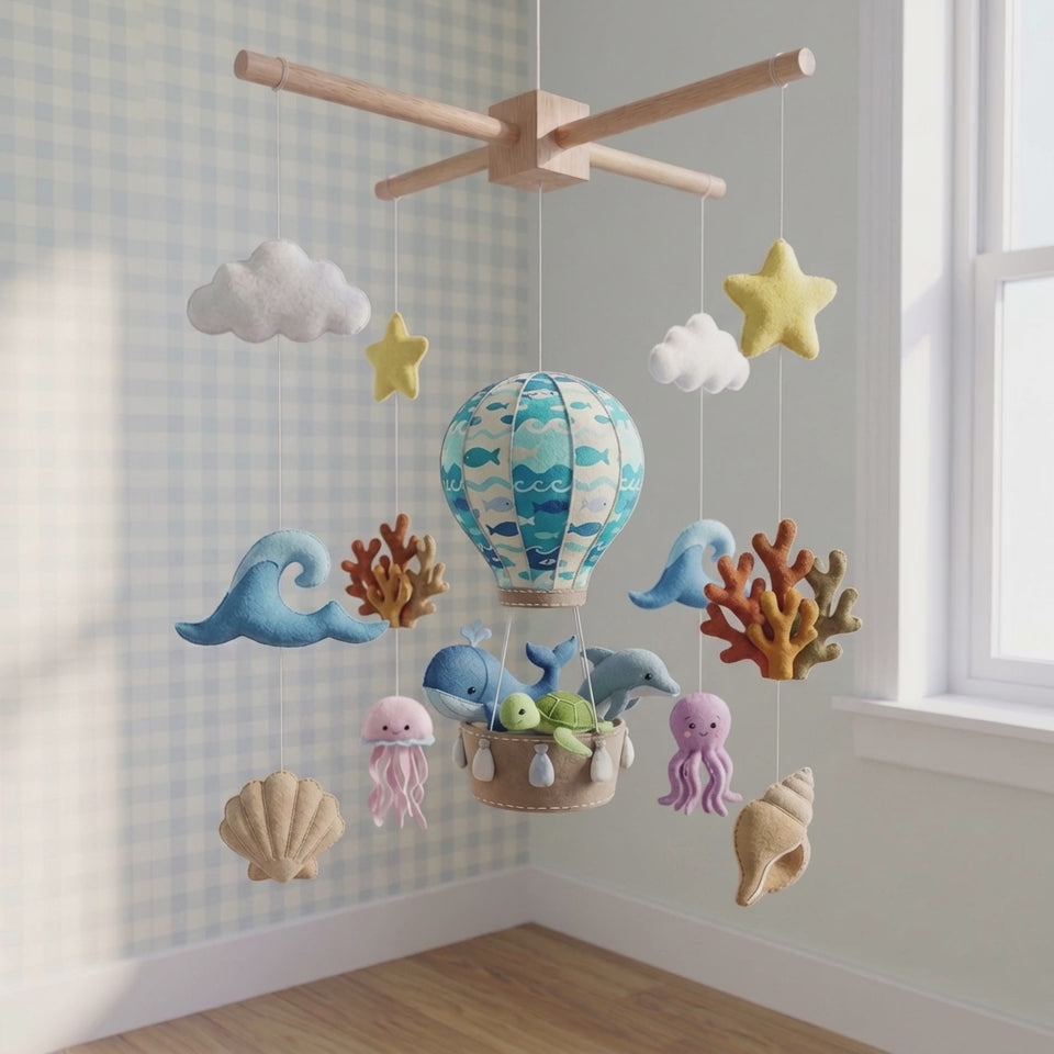 Handmade Felt Ocean Hot Air Balloon Baby Mobile – Sea Animal Nursery Decor