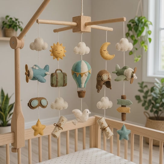 Felt Travel Baby Mobile with Airplane Hot Air Balloon Clouds Moon Stars and Pilot Theme Nursery Crib Decor Baby Shower Gift