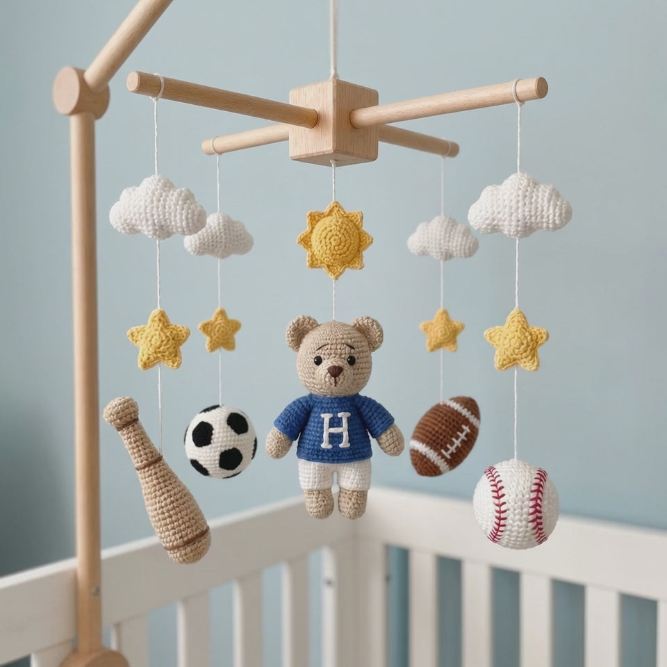 PersonalizedCrochet Sports Baby Mobile, Teddy Bear Crib Mobile