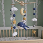 Crochet Astronaut Whale Baby Mobile, Navy Space Crib Decor with Moon Stars and Clouds, Celestial Nursery Gift for Baby Boy or Girl