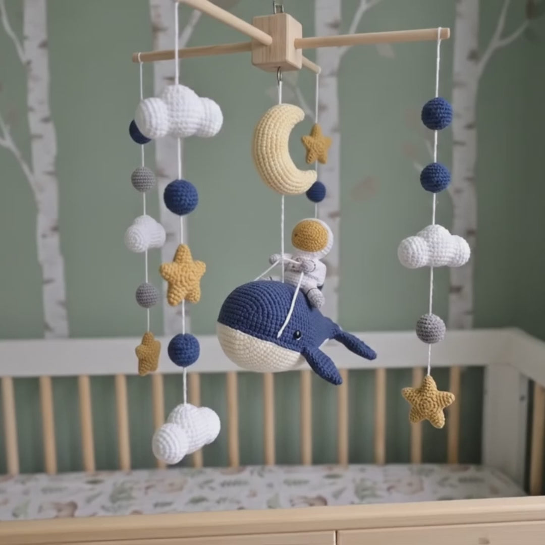Crochet Astronaut Whale Baby Mobile, Navy Space Crib Decor with Moon Stars and Clouds, Celestial Nursery Gift for Baby Boy or Girl