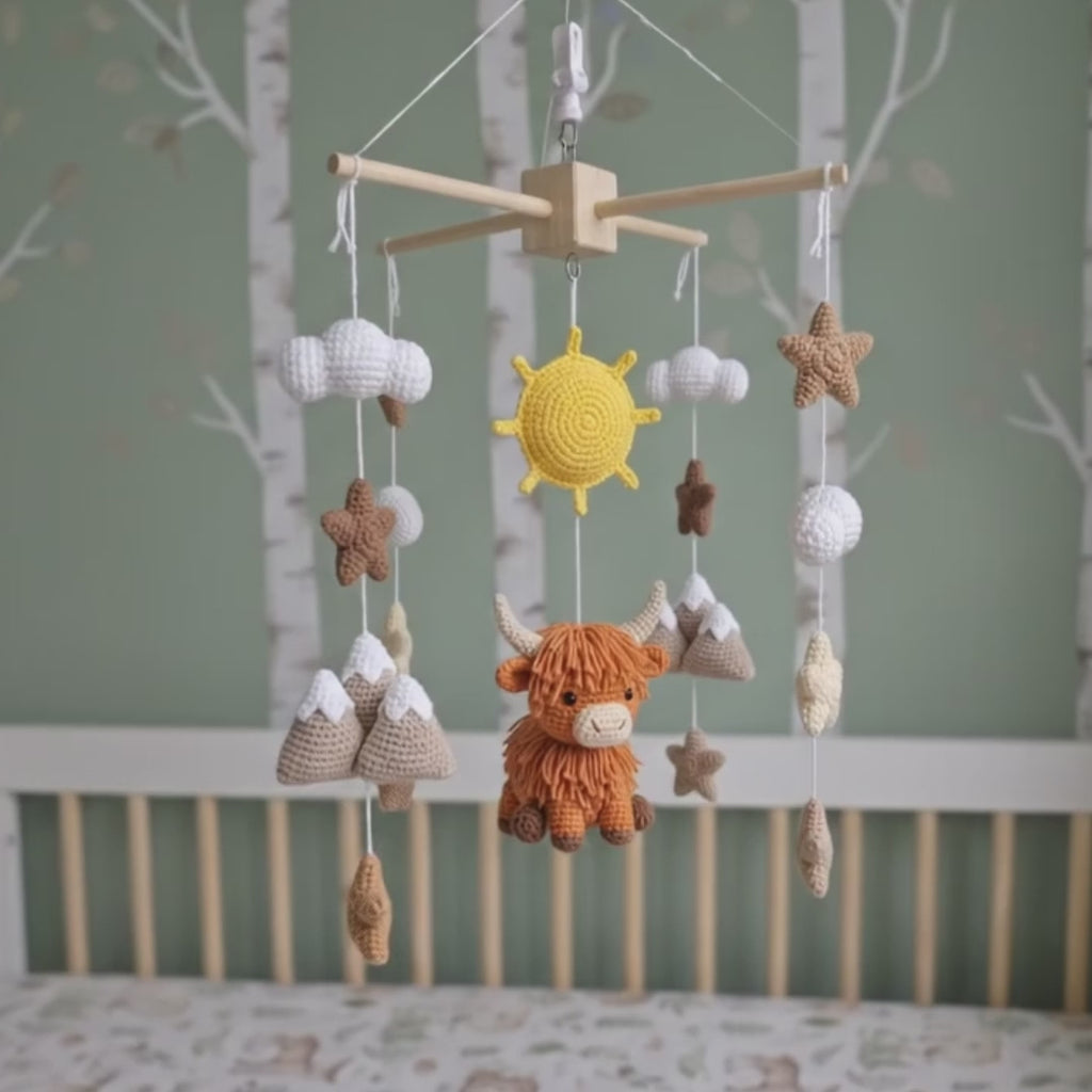 Mountain Highland Cow Crochet Baby Mobile, Handmade Rustic Crib Hanging with Sun, Peaks, Clouds and Stars