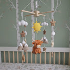 Mountain Highland Cow Crochet Baby Mobile, Handmade Rustic Crib Hanging with Sun, Peaks, Clouds and Stars
