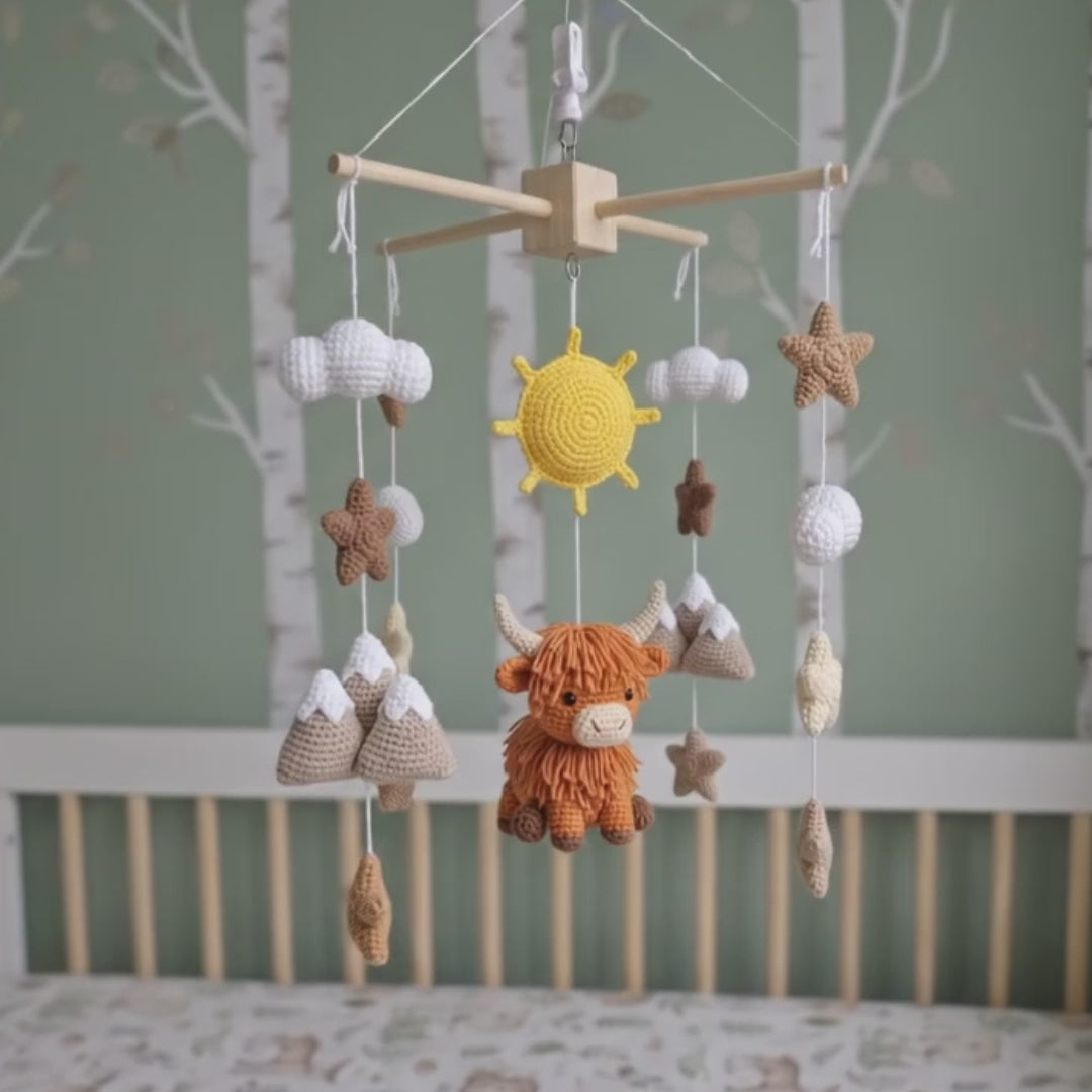 Mountain Highland Cow Crochet Baby Mobile, Handmade Rustic Crib Hanging with Sun, Peaks, Clouds and Stars