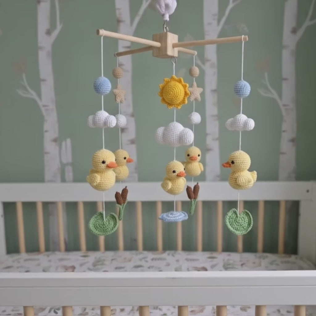 Duck Bond Crochet Baby Mobile, Handmade Pond Crib Hanging with Ducklings, Cattails, Lily Pads and Sunshine