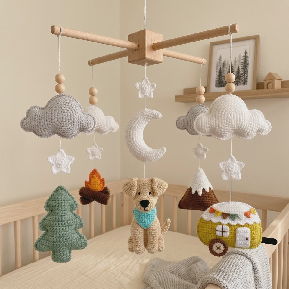Crochet Dog Baby Mobile, Mountain Camping Crib Mobile