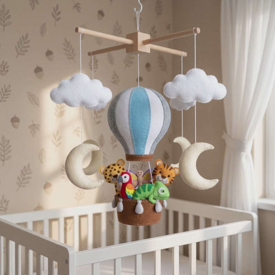 Handmade Felt Safari Hot Air Balloon Baby Mobile – Jungle Animal Nursery Decor