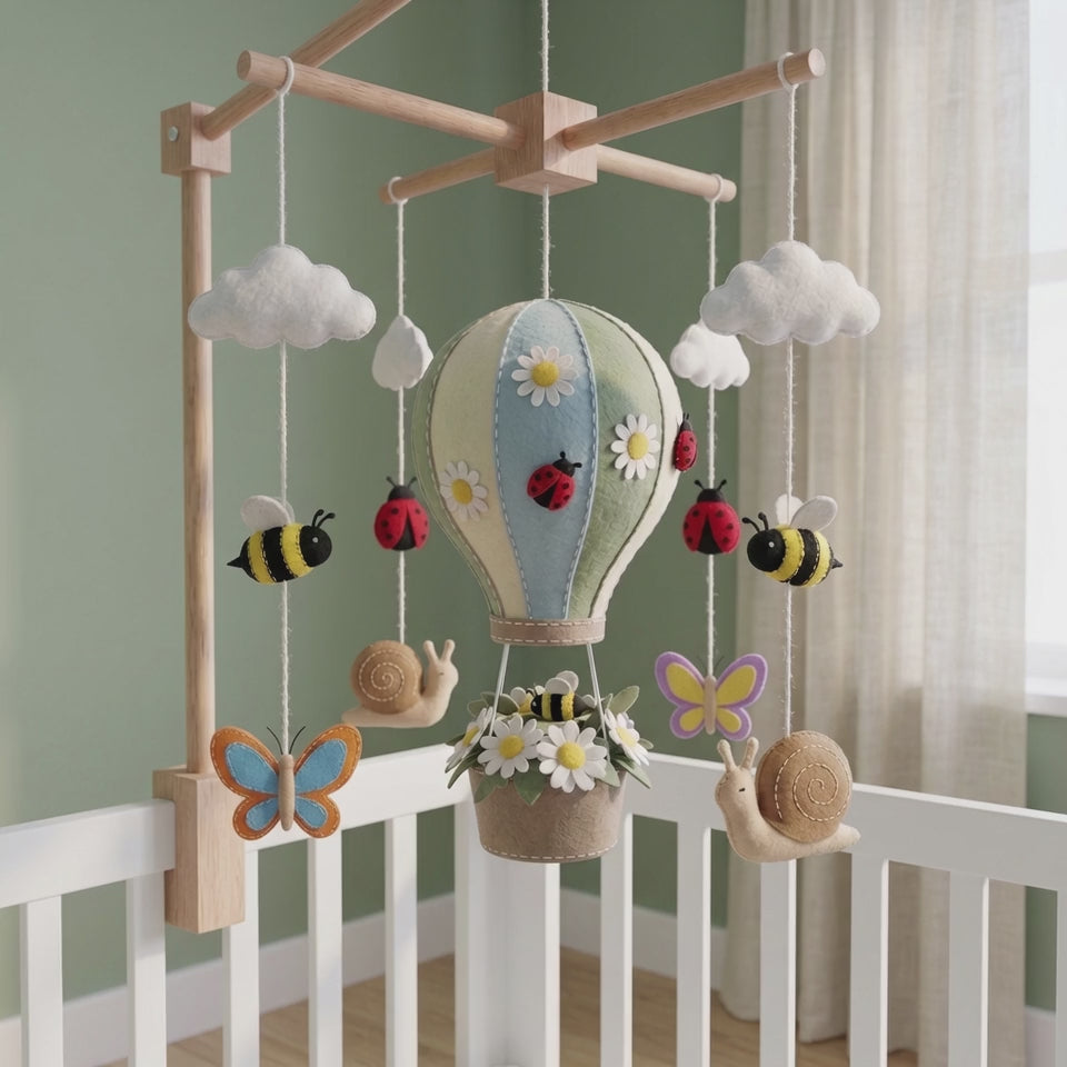 Handmade Felt Garden Hot Air Balloon Baby Mobile – Bee, Ladybug & Butterfly Nursery Decor