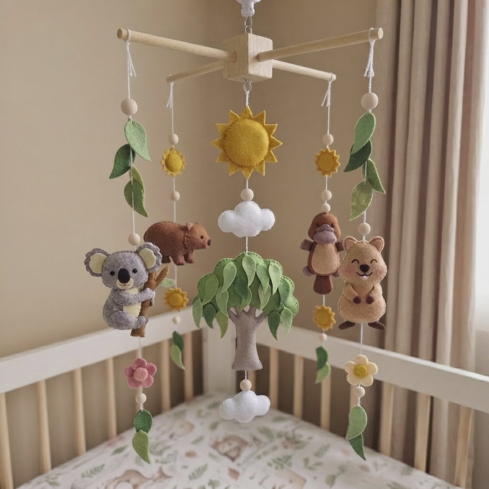 Australian Wildlife Felt Baby Mobile, Handmade Eucalyptus Nursery Crib Decor, Sunshine Baby Shower Gift