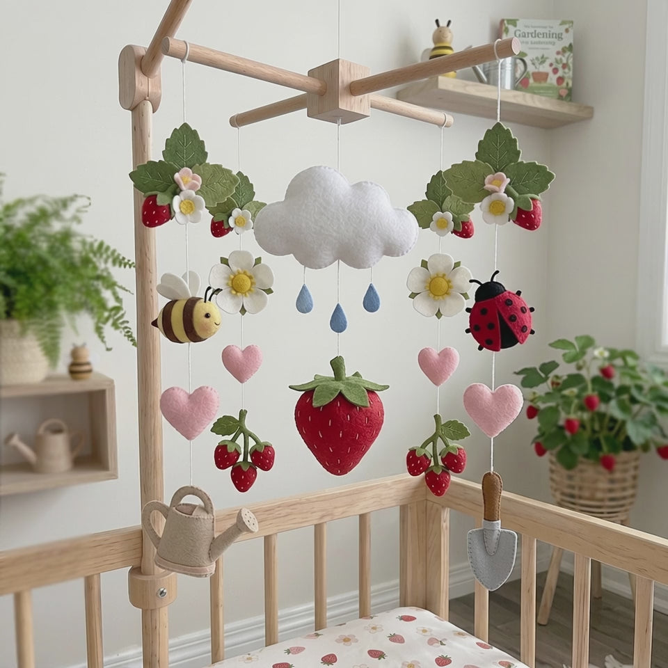 Felt Strawberry Garden Baby Mobile, Bunny Mouse Bee Ladybug Daisies Leaves Nursery Crib Decor