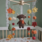 Autumn Highland Cow Crochet Baby Mobile, Fall Woodland Crib Hanging with Pumpkins, Maple Leaves and Pine Trees