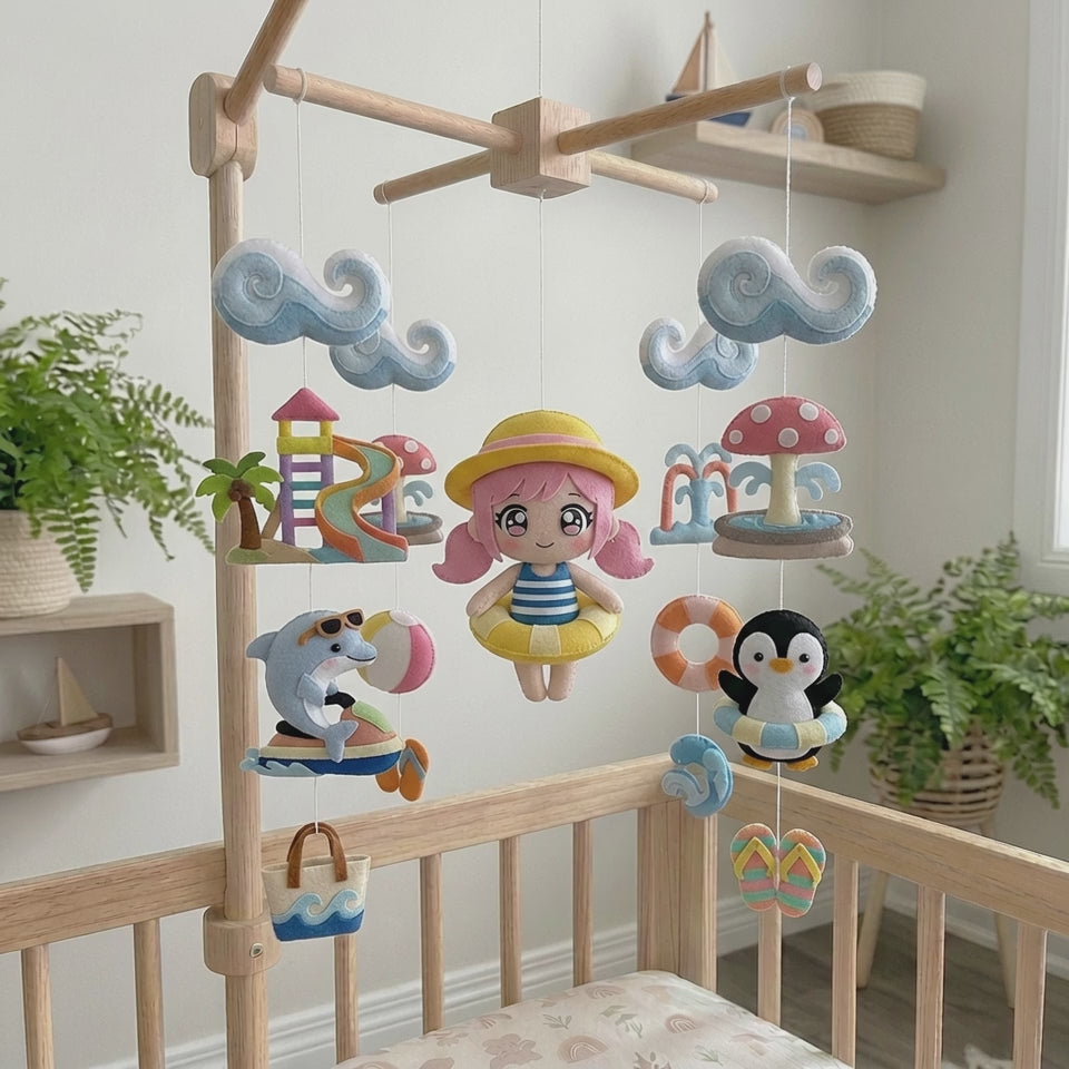 Felt Water Park Baby Mobile, Summer Pool Nursery Crib Decor