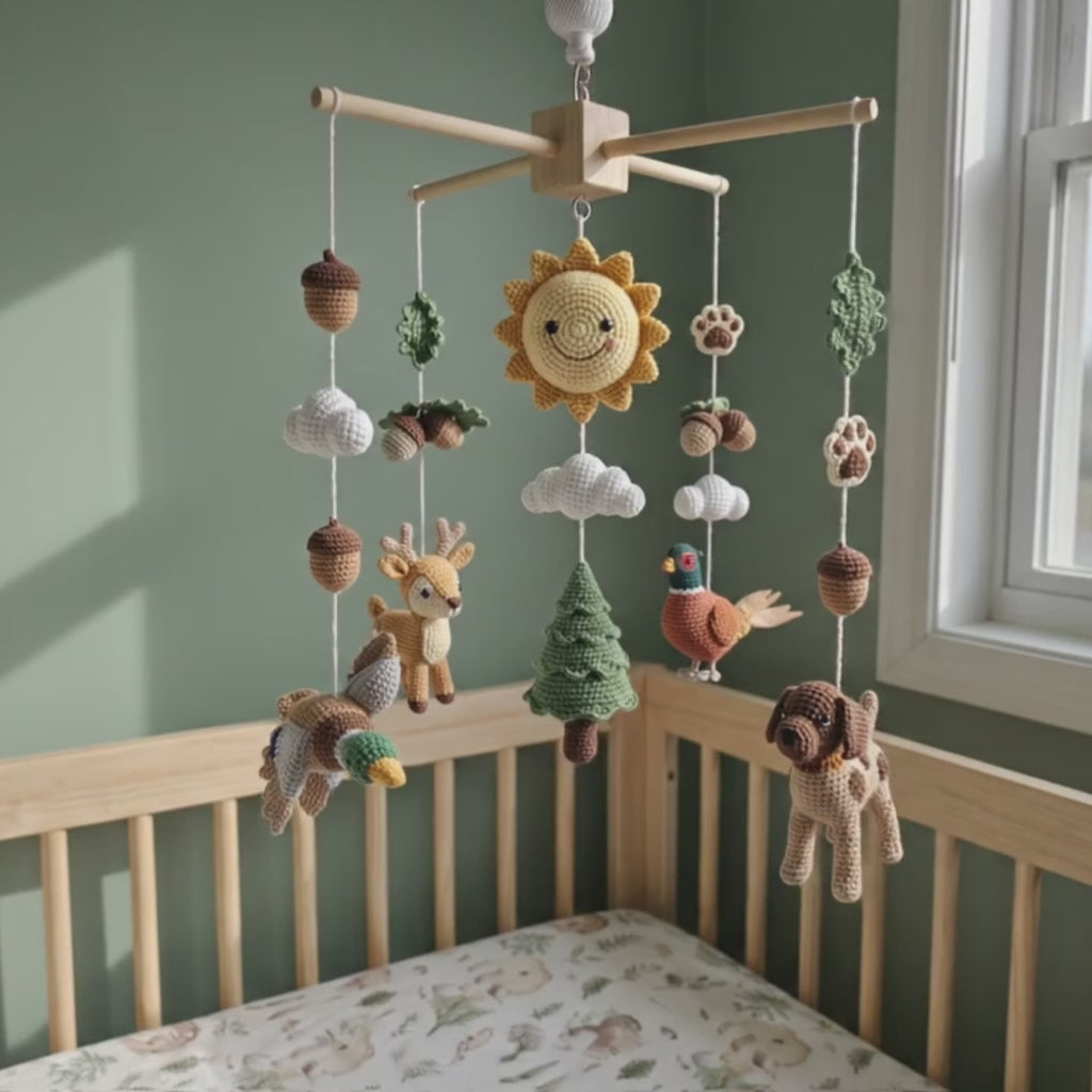 Hunting Crochet Baby Mobile, Handmade Woodland Crib Decor with Deer, Duck, Pheasant and Dog