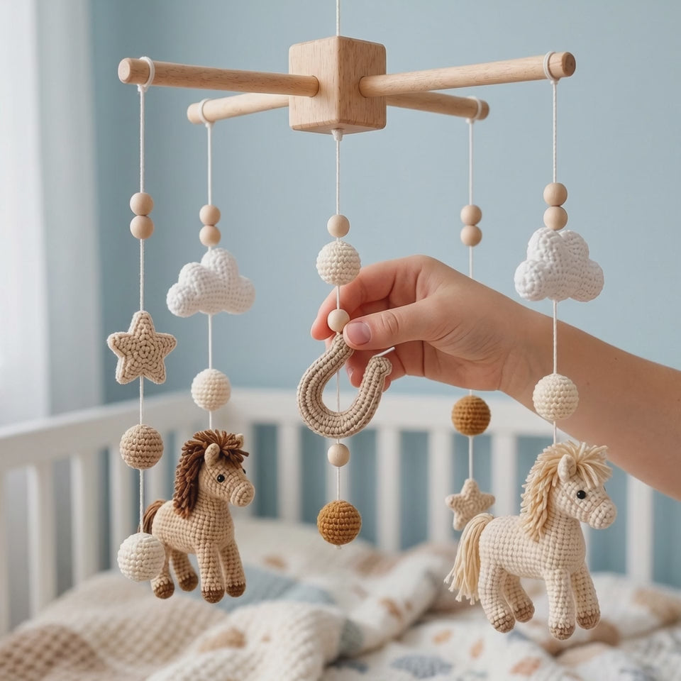 Handmade Crochet Horse Baby Mobile – Neutral Nursery Crib Decor