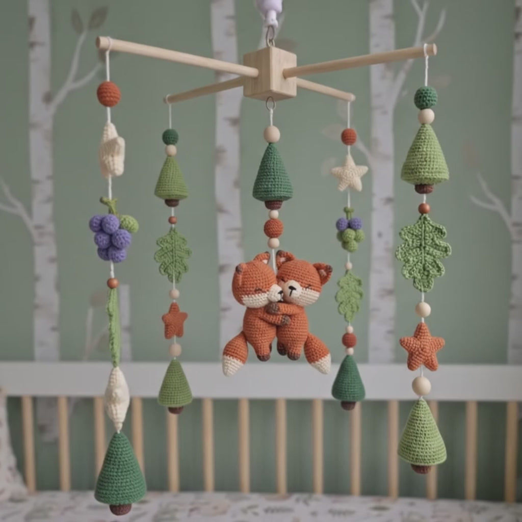 Cuddling Foxes Crochet Baby Mobile, Handmade Woodland Crib Hanging with Pine Trees, Oak Leaves and Berries