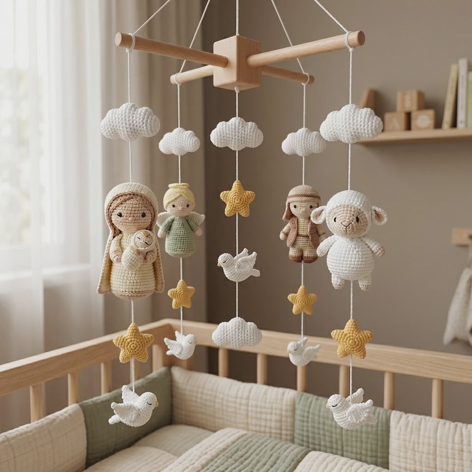 Handmade Crochet Nativity Baby Mobile – Christian Nursery Crib Decor