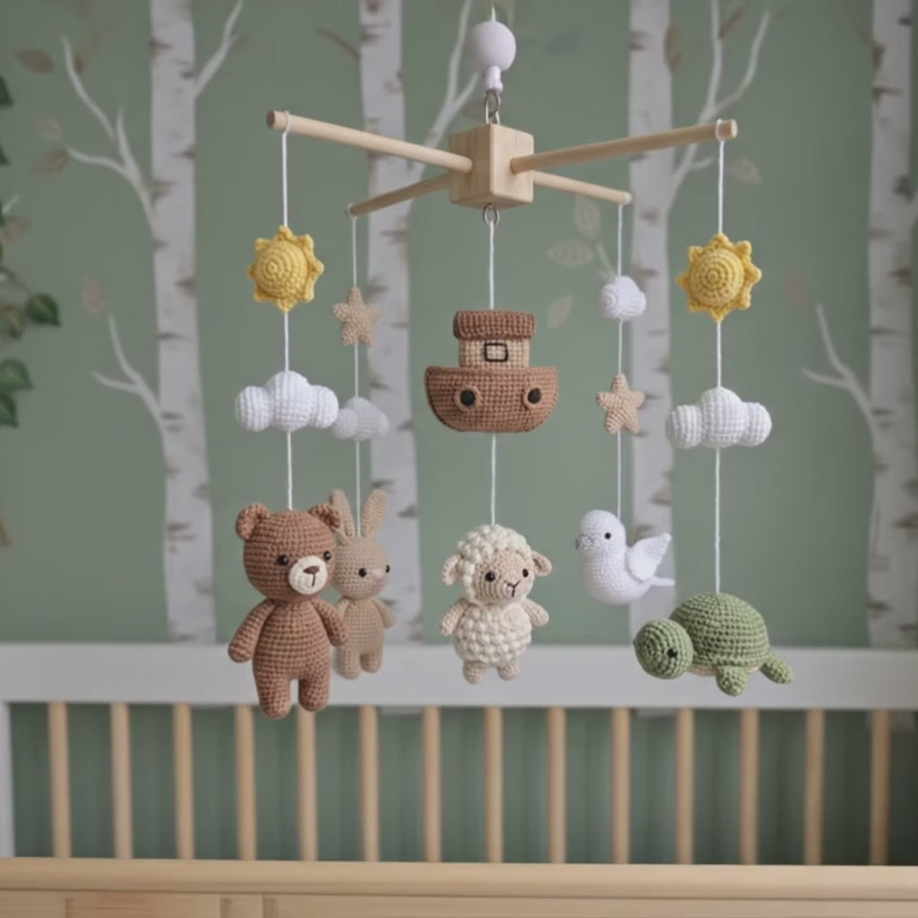 Storybook Ark Crochet Baby Mobile, Handmade Nursery Crib Hanging with Bear, Bunny, Sheep, Dove and Turtle
