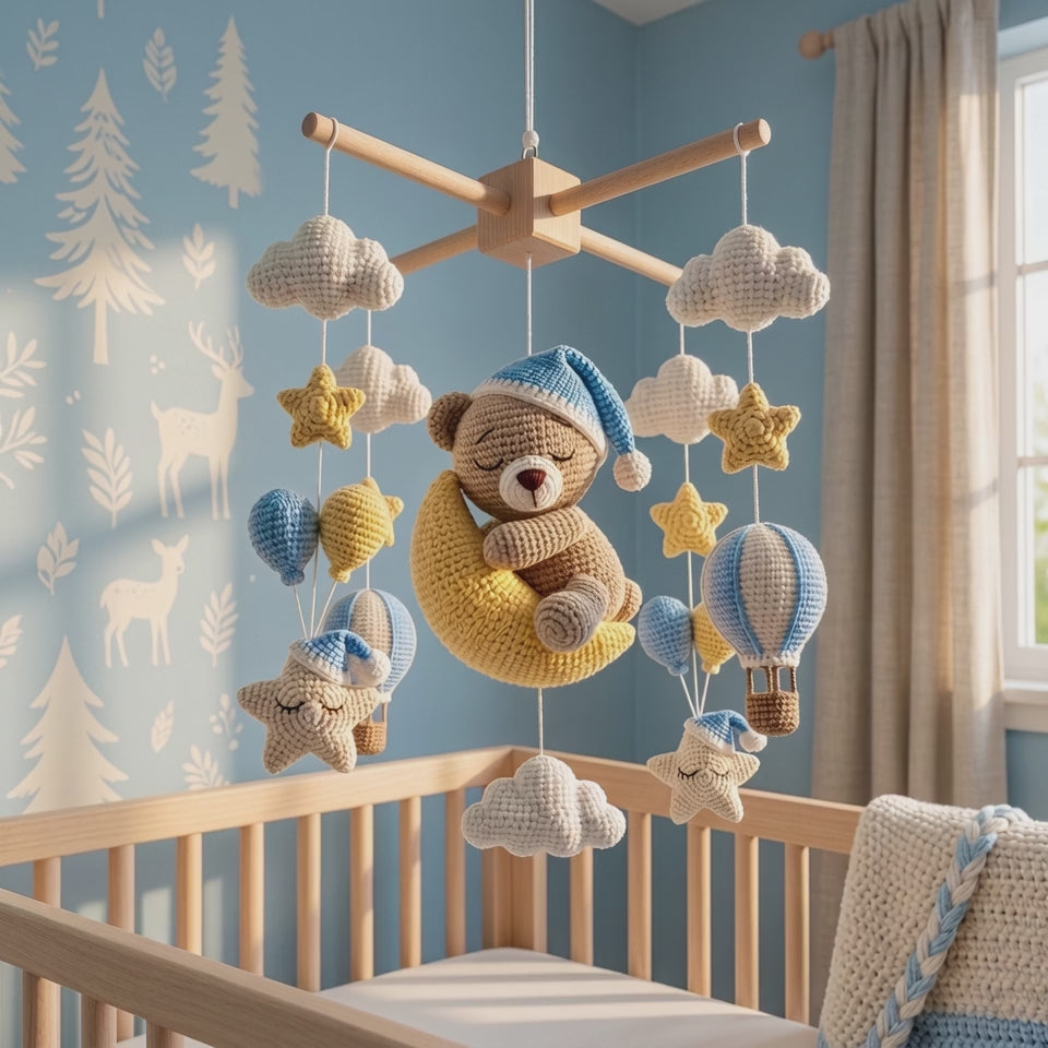 Crochet Teddy Bear Baby Mobile, Sleeping Bear on Moon Crib Mobile