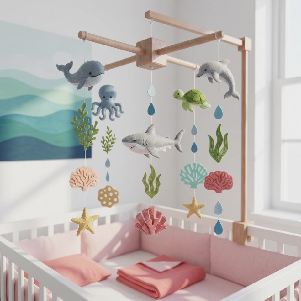 Felt Ocean Animals Baby Mobile, Whale Dolphin Shark Turtle Octopus Coral Reef Sea Life Nursery Crib Decor Baby Shower Gift for Baby