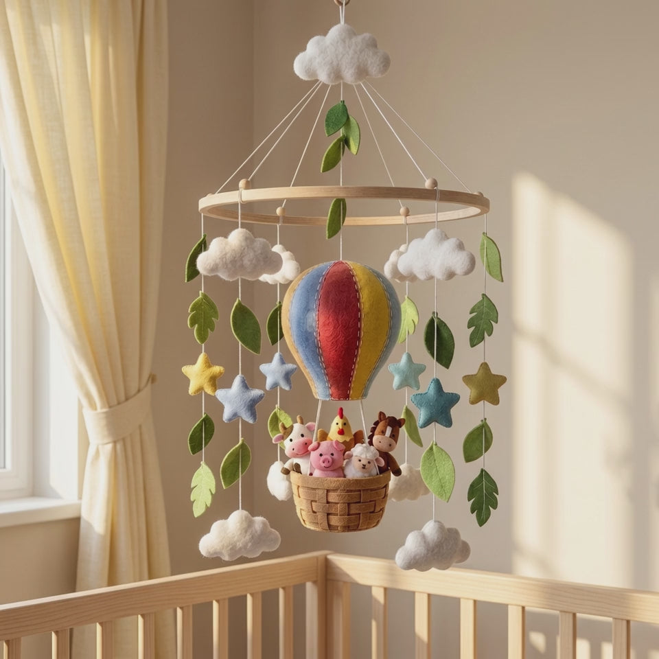 Handmade Felt Farm Animal Hot Air Balloon Baby Mobile – Cow, Pig, Sheep & Horse Nursery Decor
