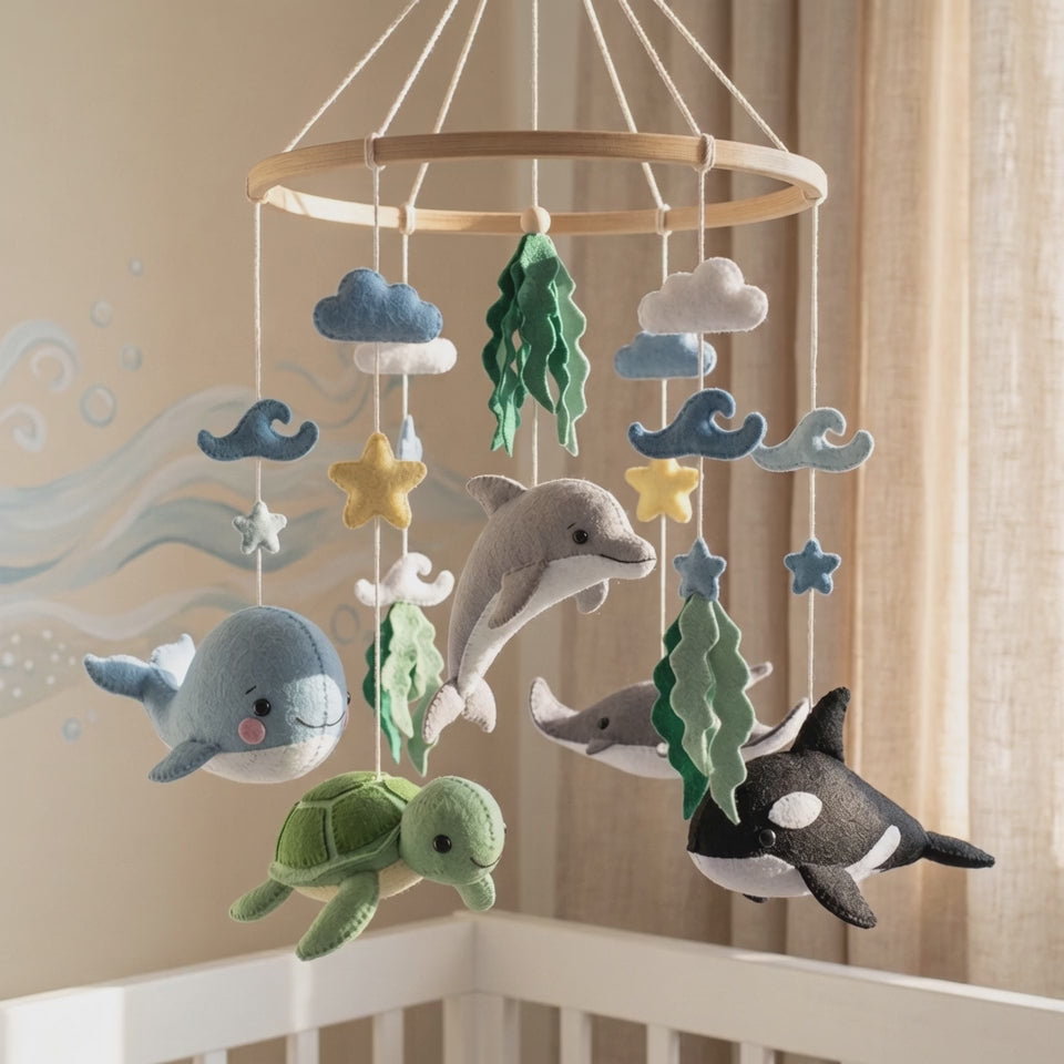 Handmade Felt Ocean Animal Baby Mobile – Whale, Dolphin, Turtle, Shark & Orca Nursery Decor