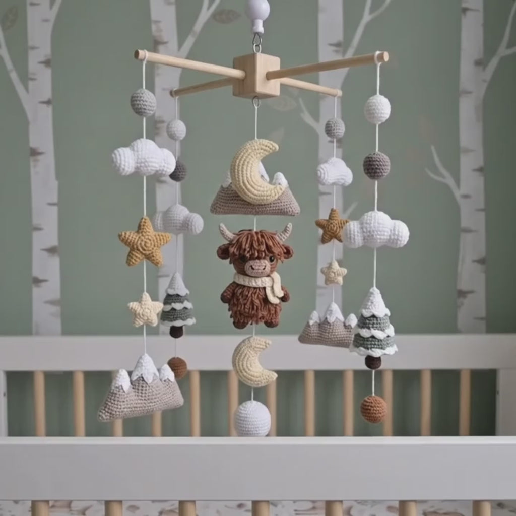 Winter Highland Cow Crochet Nursery Mobile, Snowy Mountain Crib Hanging with Pine Trees, Moon, Clouds and Stars