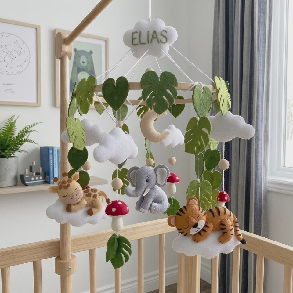Personalized Felt Safari Baby Mobile with Giraffe Elephant Tiger Leaves Moon Clouds