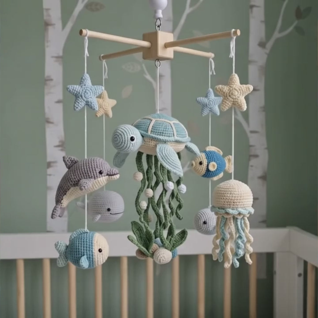 Crochet Ocean Baby Mobile, Sea Turtle Dolphin Jellyfish Fish Crib Decor, Under the Sea Nursery Hanging, Baby Shower Gift for Boy or Girl