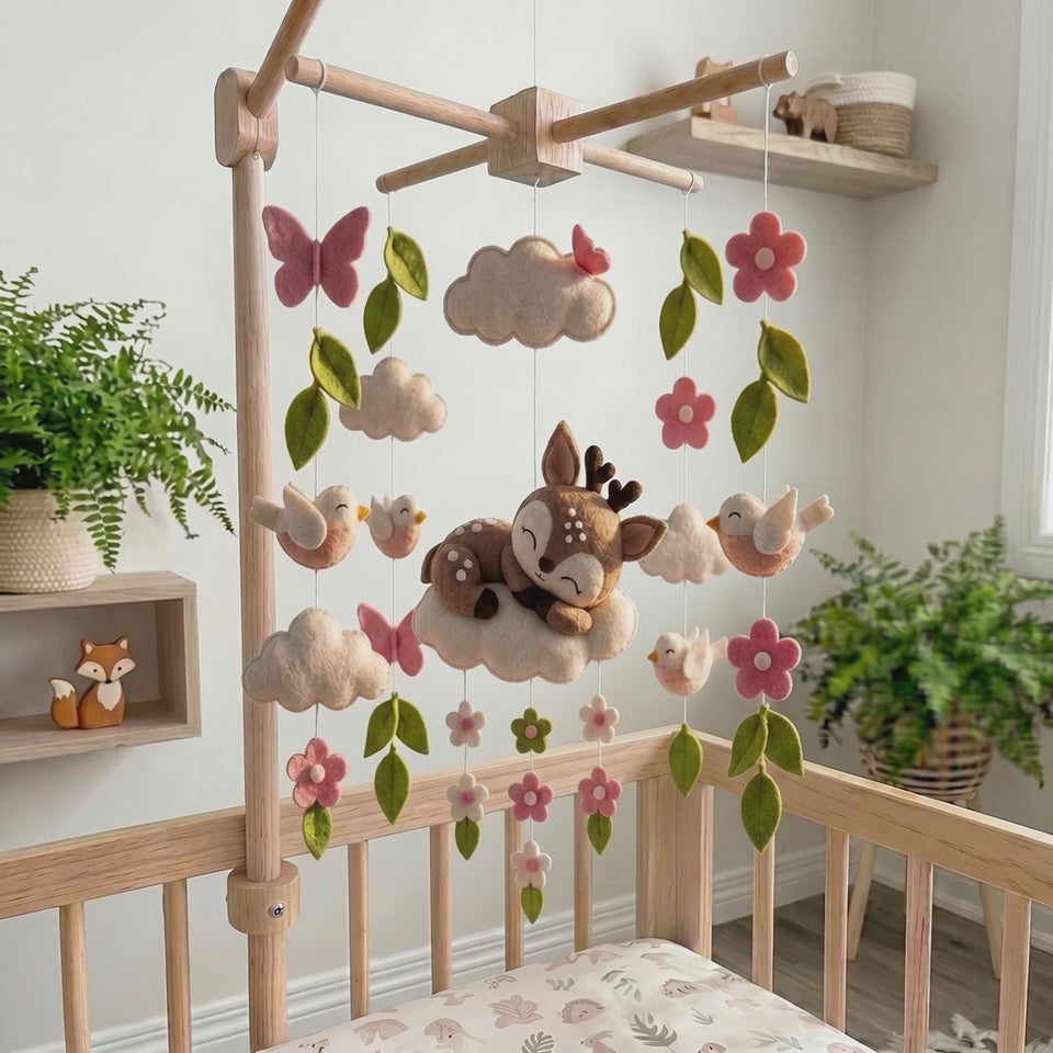 Felt Woodland Deer Baby Mobile, Birds Butterflies Flowers Leaves Clouds, Pink Forest Nursery Crib Decor, Baby Shower Gift