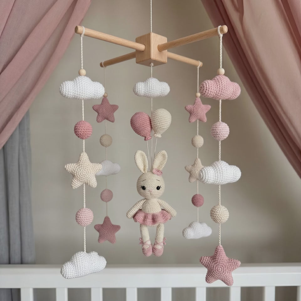 Crochet Pink Bunny Baby Mobile - Handmade Nursery Decor