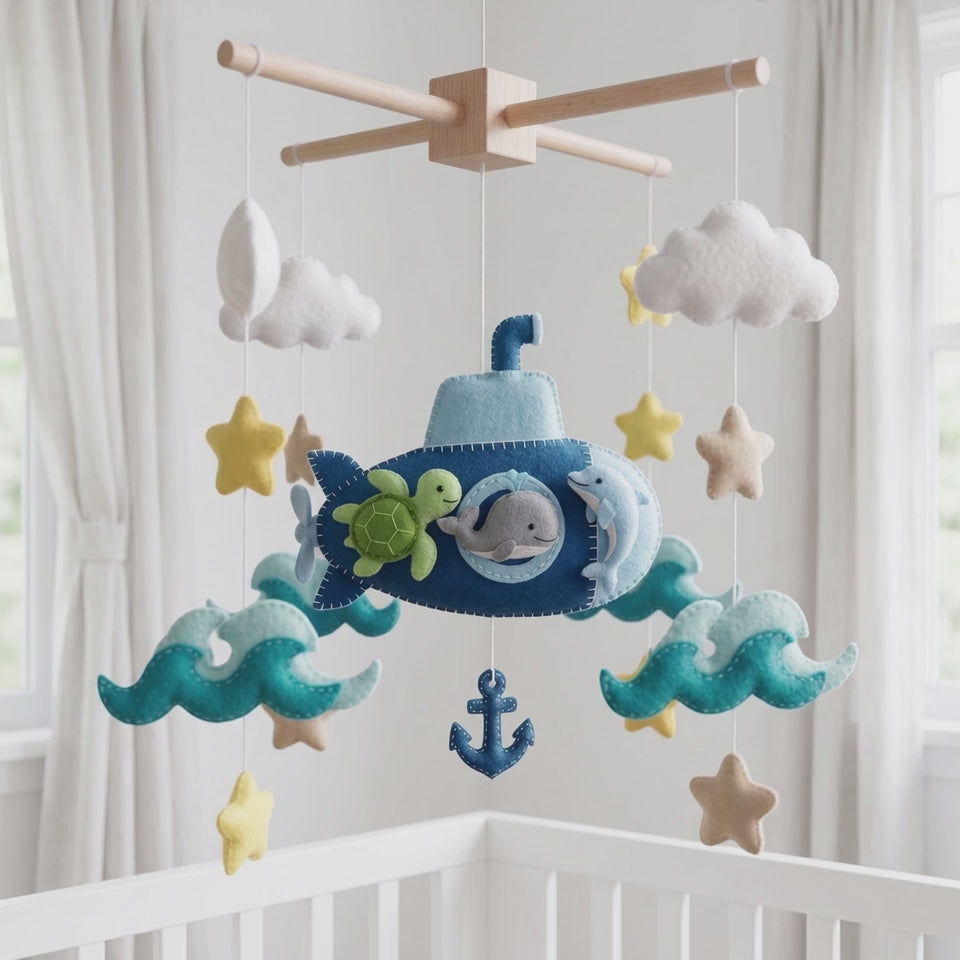 Ocean Adventure Felt Baby Mobile – Submarine, Whale, Turtle & Dolphin Nursery Decor